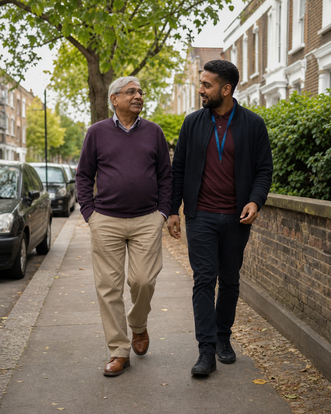 An older man walking through an East London neighbourhood with a care professional.