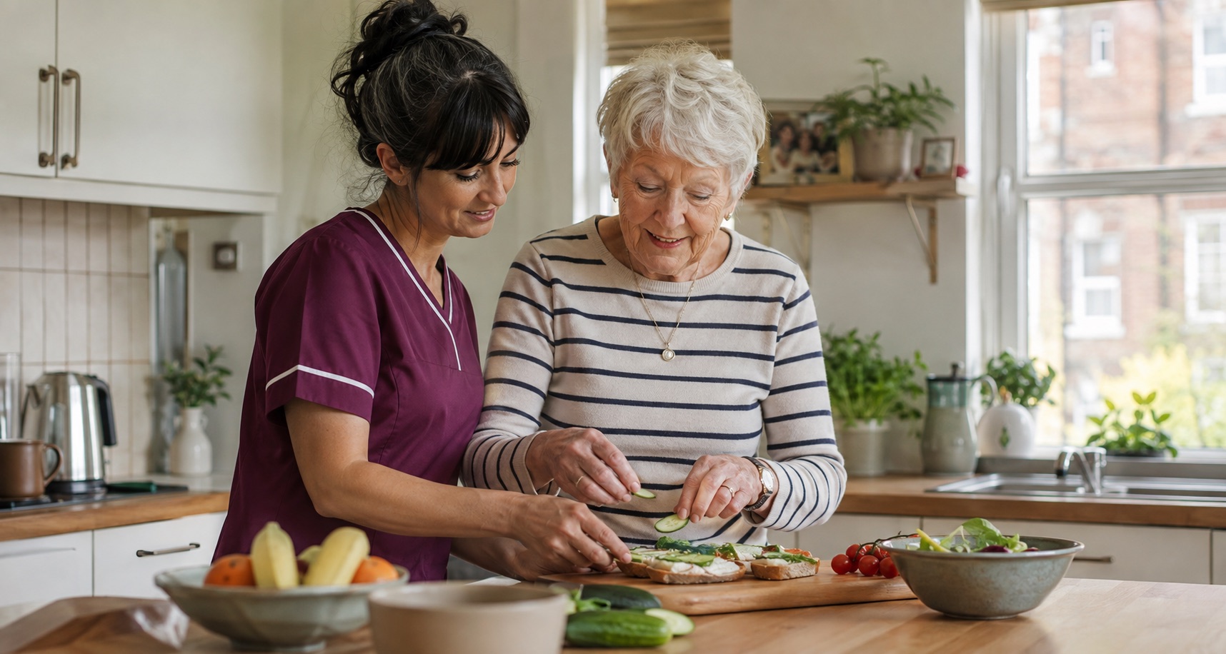 An older woman preparing a healthy meal at home with support from a care professional.